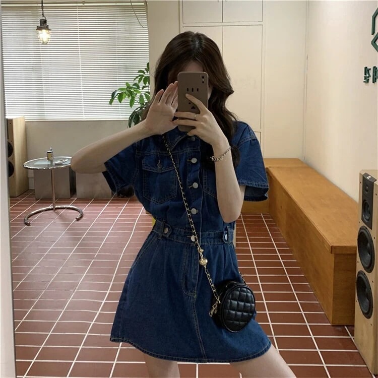 スタイル ファッション ワンピース お出かけ 受け取って腰 スリム 半袖 デニム