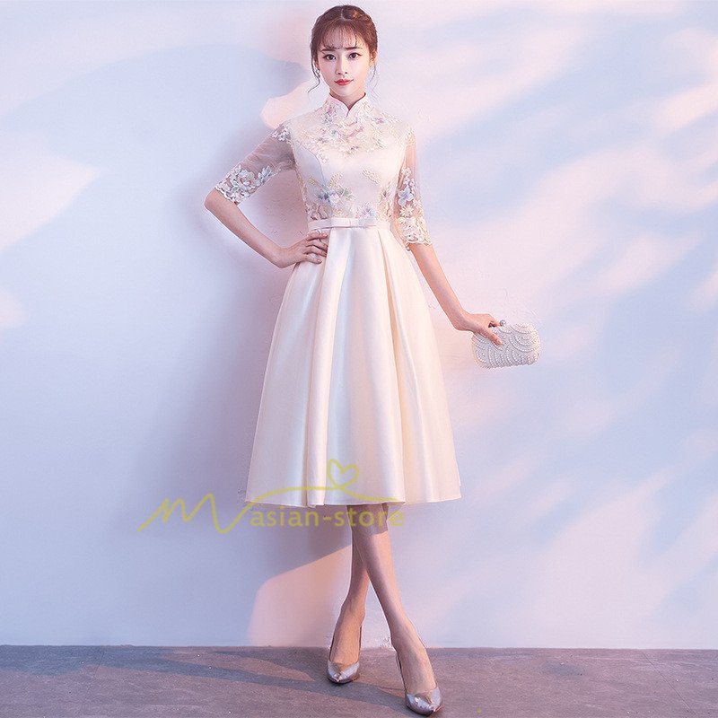 パーティードレス ドレス 結婚式 ワンピース 20代30代 Aライン フォーマル 袖あり 膝丈 ミデ