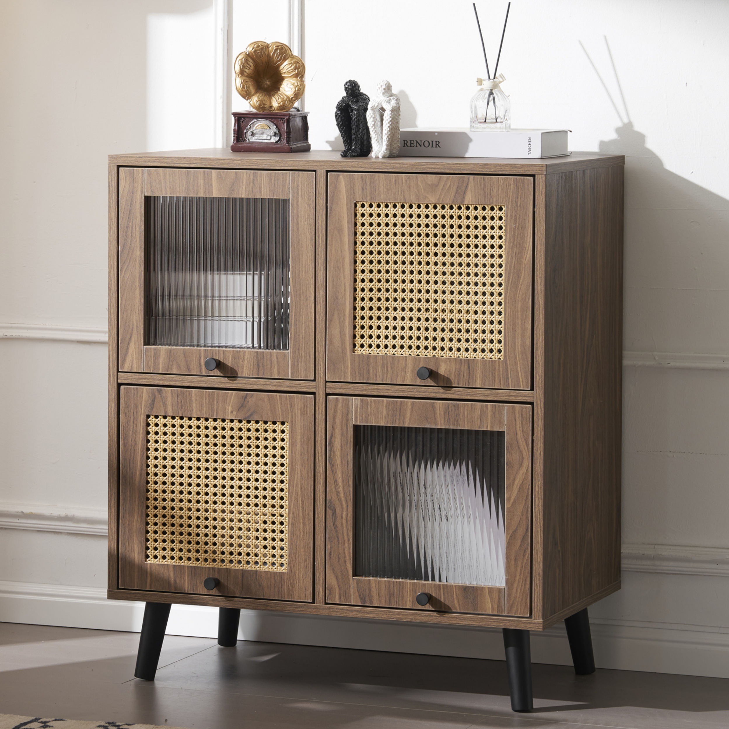 キャビネット サイドボード チェスト ガラス扉 ラタン調 ラタン風 フラップ扉 収納棚 リビング 収納 ローボード 収納チェスト2段 サイドボード 引き出し 扉付き リビングボード 洋服 タンス 収納