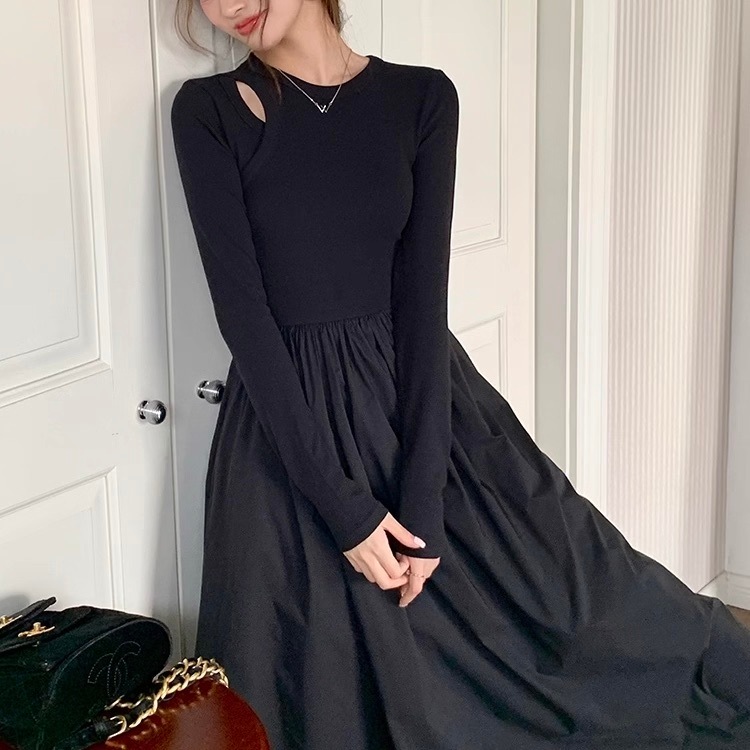 レディース ワンピース ロング 長袖 Uネック ラウンドネック フレア スリム 細身 Aライン アシンメトリー フェミニン ストリート カットオフ タック タックプリーツ ウエストマーク ハイウエスト