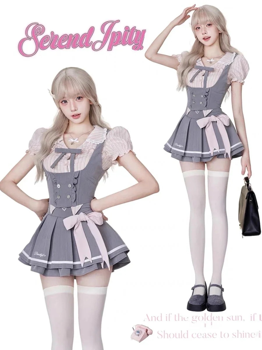 大人気作ロリータコスプレキャンパス風JK制服三点セットプリーツスカートセット洋半袖op常花嫁茶会