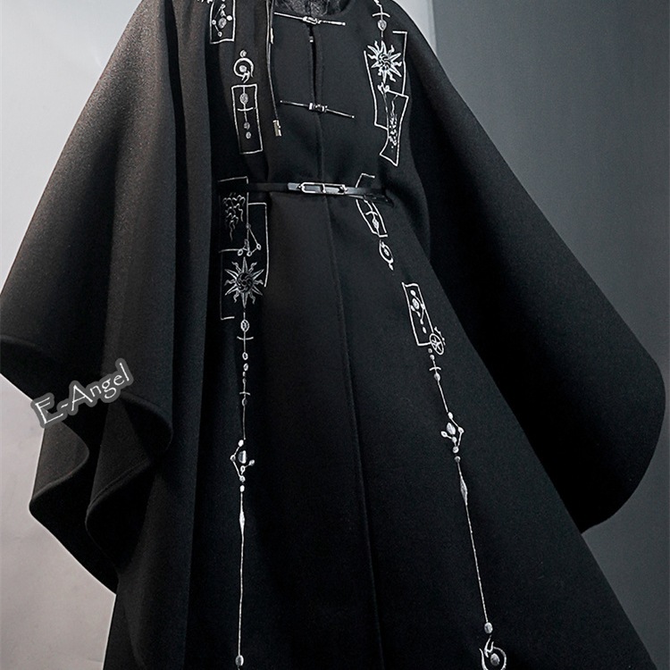 チャイナ風アウター ラシャコート マントコート 黒 レディース ポンチョ 冬 メンズ Sanxingdui(三星堆)漢元素 ファション 着痩せ 男女兼用