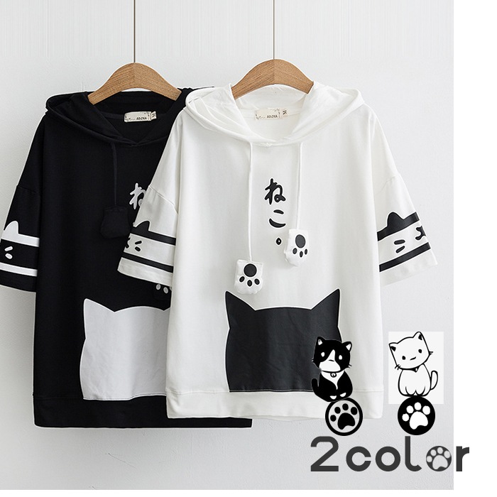 可愛い猫柄半袖パーカーカジュアルトップスゆったりタイプ女子高生レディースファッショントップスパーカー Bryanevans