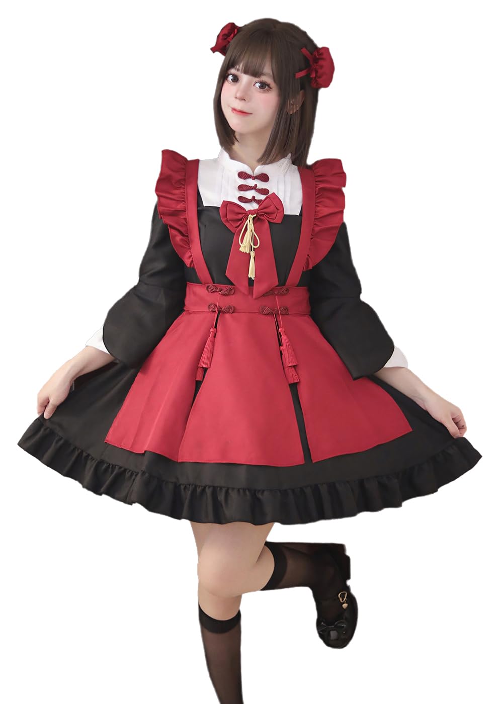 メイド服 ゴスロリ 可愛い ロリータ レッド 赤 人気 ワンピース ハロウィン 仮装 レディース コスプレ 蝶結ぶ パーティー イベント 演出服 ニーハイソックス付き カチューシャ 10263