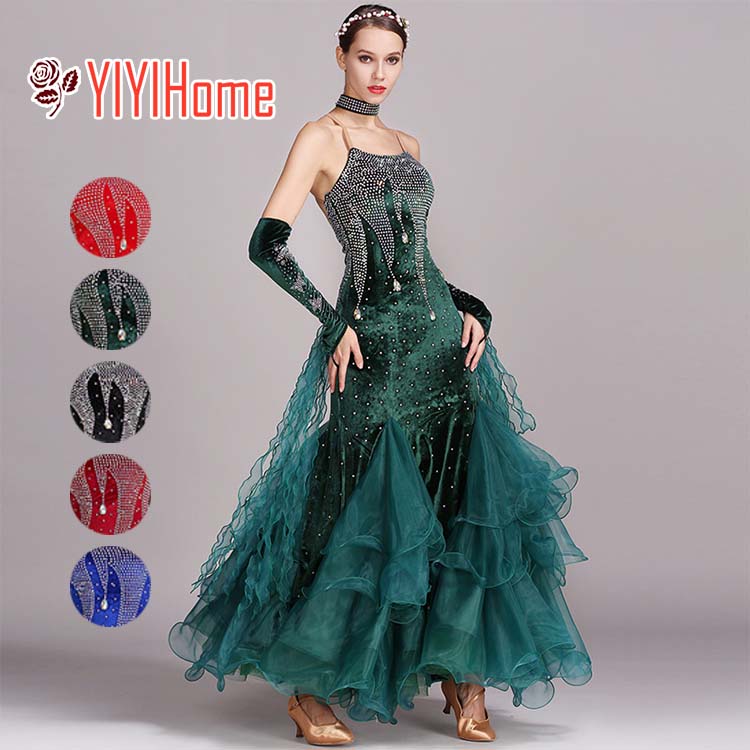 レディース 社交ダンス衣装 モダンドレス レースワンピース ビジュー ラインストーン オフショルダー キャミソール 長袖 パステルカラー レッド　ブラック 上品 華やか キレイ ゴージャス 豪華 高級