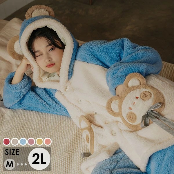 ルームウェア もこもこ モコモコパジャマ 動物 パジャマ 冬 長袖 ナイトガウン 着る毛布 前開き フード付き 寝巻き 部屋着 暖かい あったか 着ぐるみ モコモコ 大人用 ふわふわ 動物 レディース