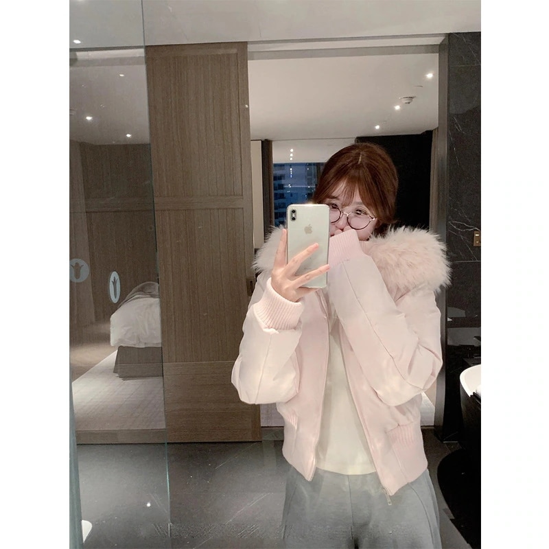 90%ホワイトダックダウンジャケットピンクのショートスタイル大きなファーカラーレディース2025冬厚手ファッショナブルなプチコート