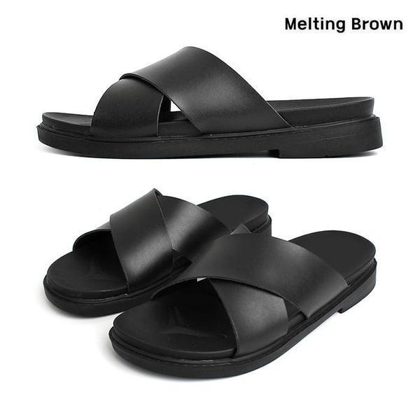 メンズカジュアル牛革クロスストラップスリッパ