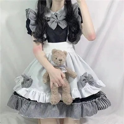 ２点で13o円OFF！【早割り】メイド服かわいいメイド女中女装ビッグサイズヤンキーロリータワンピースロリータコスプレ服黒チェック