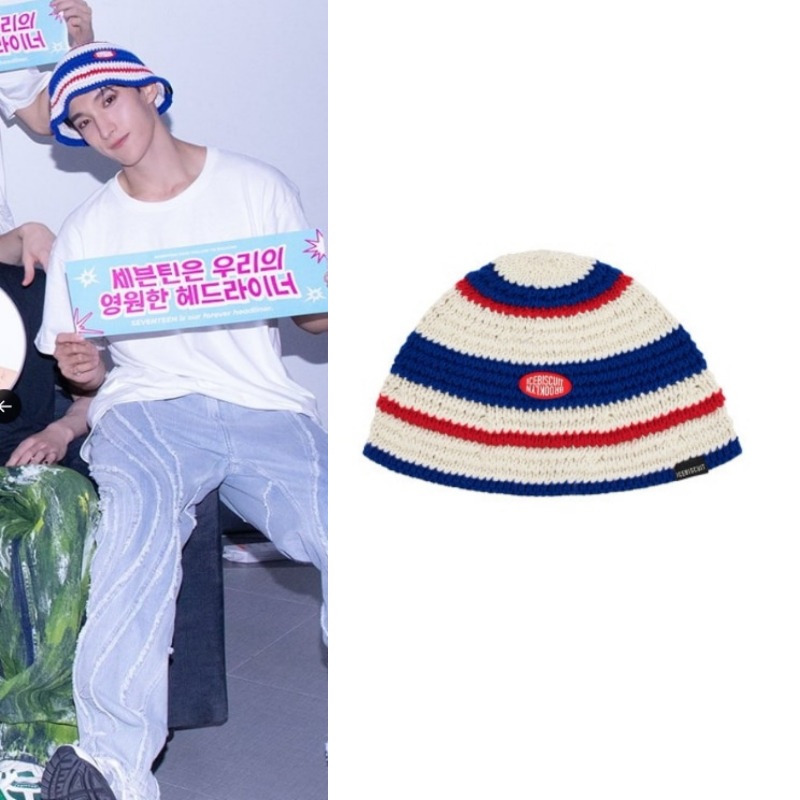 【SEVENTEEN DK着用】ICEBISCUIT Striped Crochet Bucket Hat IB33AH513 韓国正規品 韓国 アイドル レディース メンズ ニット防寒