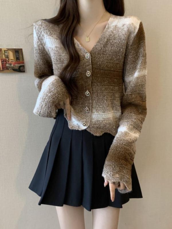 カーディガン レディース 春秋 ニット 長袖 トップス Vネック ボタン ショート丈 細見え おしゃれ カジュアル 絞り染め グラデーション 茶色 黒 大きいサイズ