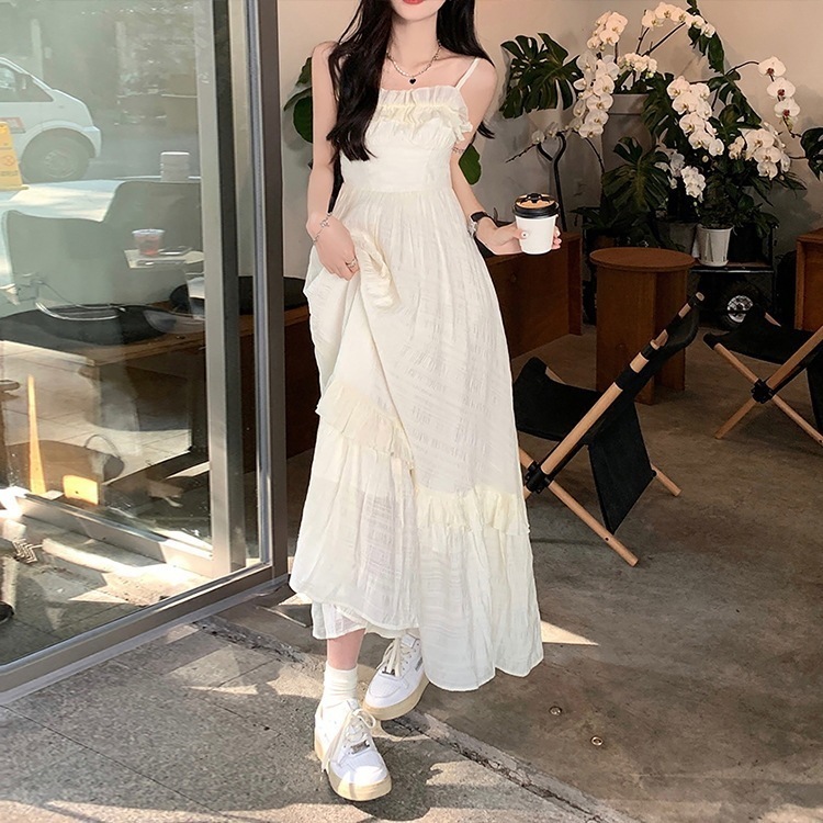 フリルサスペンダーワンピース ワンピース ノースリーブ サスペンダー フリル 透け感 ロング丈 Aライン スリム 細身 韓国 レディース オルチャン 可愛い 大人可愛い 大人女子 きれいめ
