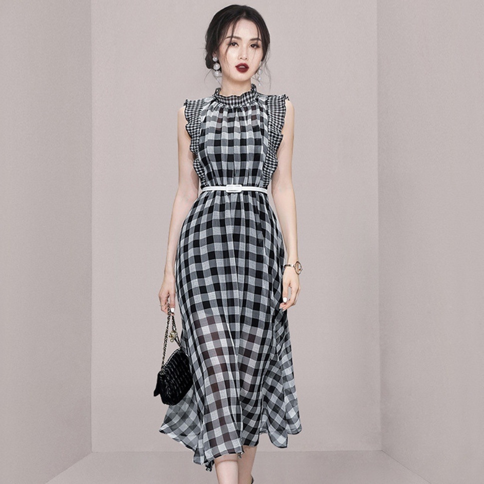 シフォンドレス ギンガムチェックワンピース ベルト付き 韓国 レディース オルチャン 黒 ブラック フレアワンピース ワンピドレス ミモレ丈 袖なし ノースリーブ スタンドカラー