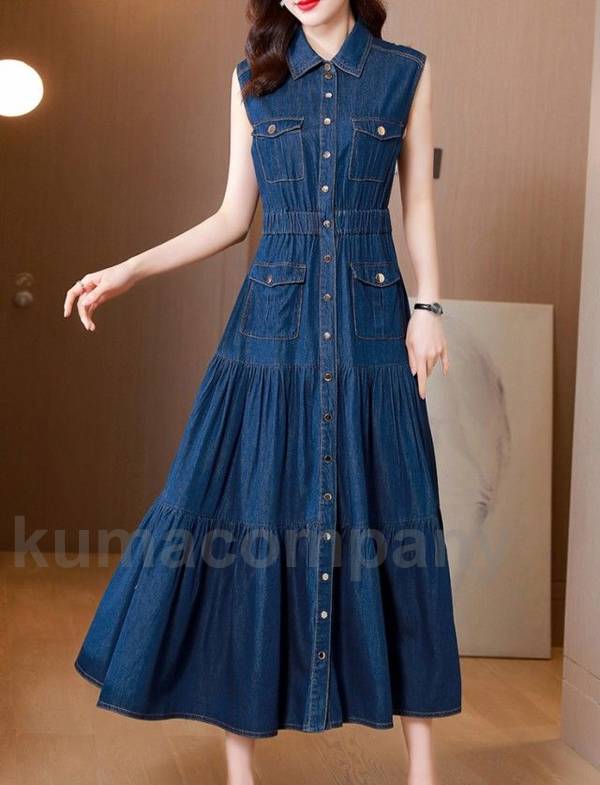 クリーンノースリーブ デニム ワンピース レディース 春 夏 ティアードワンピース ロング マキシ シャツワンピース 大きいサイズ 3L 4L マキシ丈ワンピース ウエストマーク カジュアル 大人可愛
