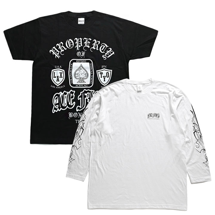 ACE FLAG セットアップ 重ね着 半袖 Tシャツ 長袖 ロンT メンズ 黒 大きいサイズ エースフラッグ レイヤード ボクシング チャンピオン ピンストライプ