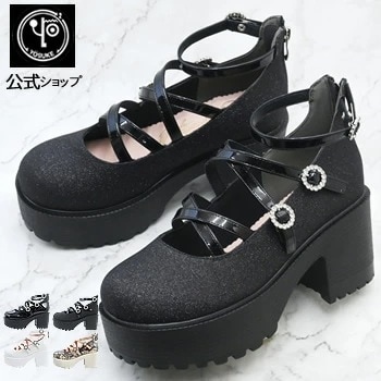 【公式】 ヨースケ 厚底パンプス ダブルクロスストラップ シューズ ジュエリーバックル付き　8cm 太ヒール 4,803円