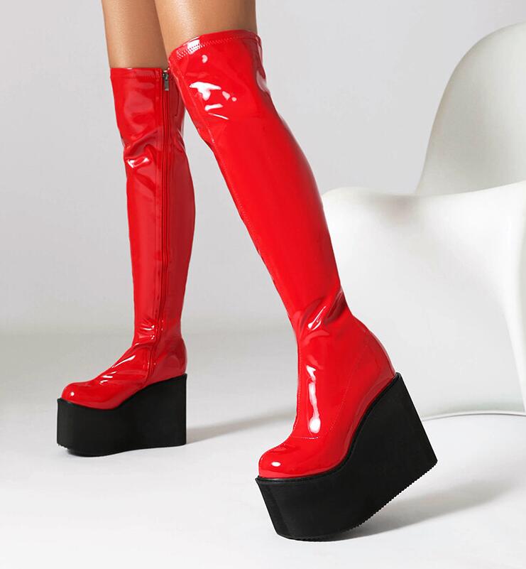 新作 レディースブーツ　ニーハイブーツ　厚底ロングブーツ　エナメル　11.5センチ　光沢　ロング丈　秋冬　春秋　サイハイブーツ　大きいサイズ　小さいサイズ　スーパーロングブーツ ダンス　舞台