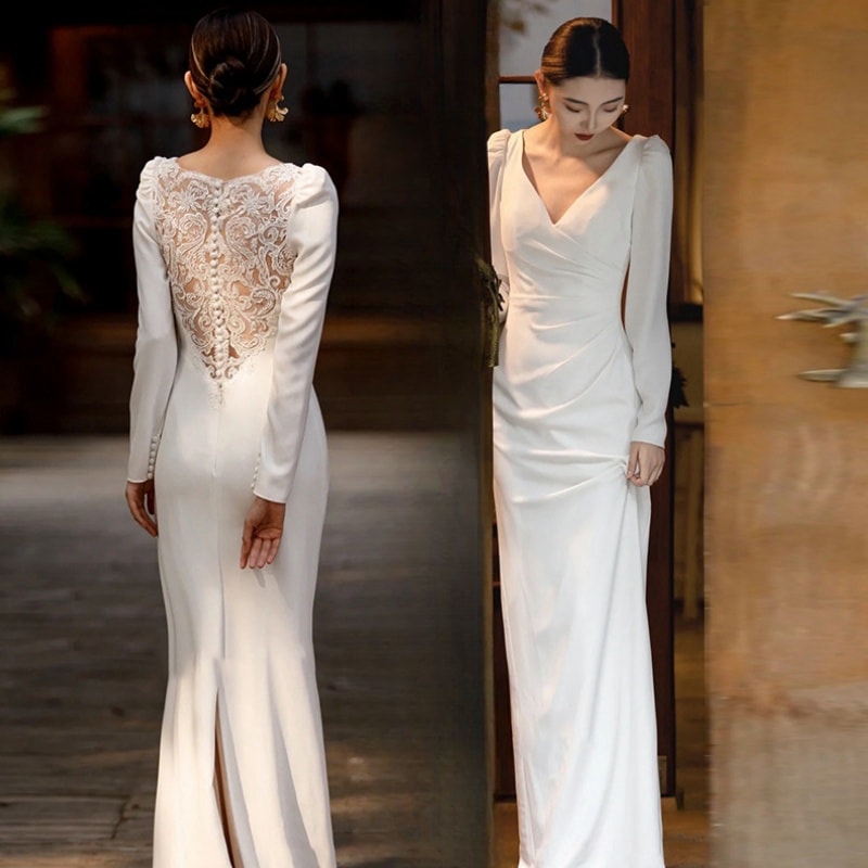 ウェディングドレス 白 パーティードレス オフショルダー 結婚式 ドレス 長袖 白 シンプル 無地 ワンピース 二次会 披露宴 前撮り後撮り ビーチフォト花嫁ドレス