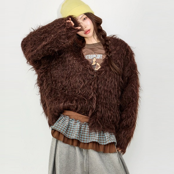 J3081 ヘアリー ブイネック カーディガン