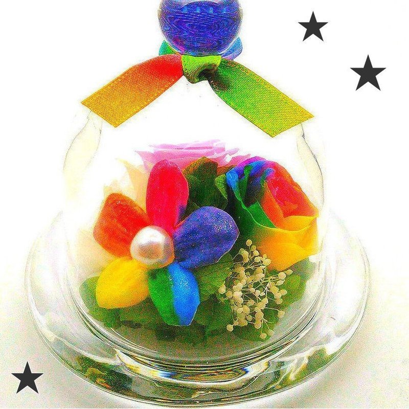 高級プリザーブドフラワーギフトハイブリットレインボーローズレインボージャスミンピンクローズ　ガラス　プチドーム 送料無料　お祝い　誕生日結婚祝い　記念品　出産祝い　結婚記念日 　退職祝い　歓送