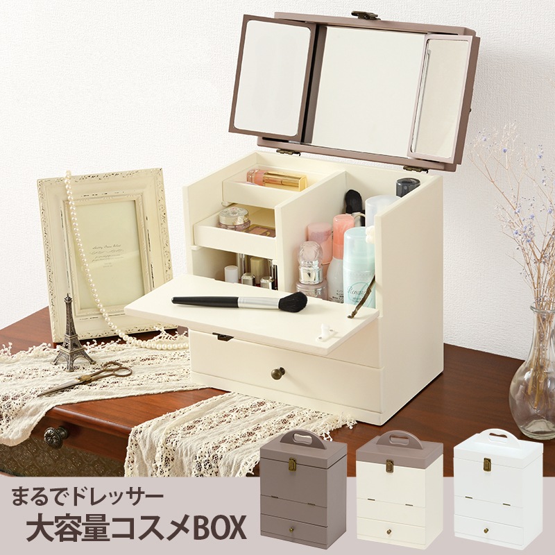三面鏡 メイクボックス 大容量 ミラーロック 持ち運び 取っ手 コスメボックス