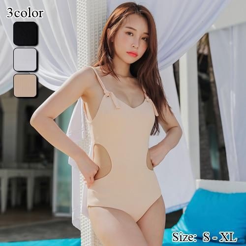 【グラシア】 水着 モノキニ レディース ビーチウェア スイムウェア 流行 海 プール カット くびれ 細見え リブ編み ホワイト ブラック ベージュ S M L モノキニ