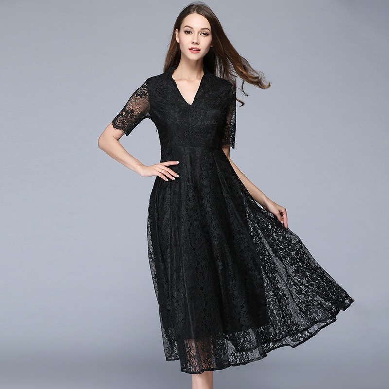 624.総レースVネックミモレ丈ワンピース（ブラック）