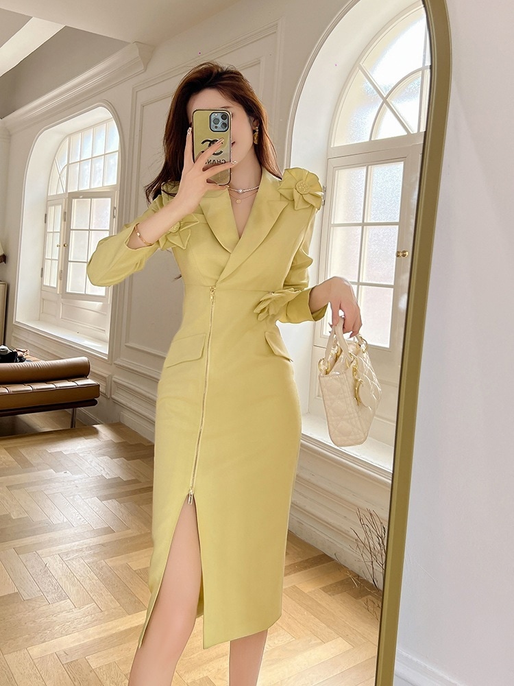 2024春 花飾り スリット ワンピース ドレス パーティー 着痩せ 大人 お呼ばれ 同窓会 披露宴 卒業式 結婚式 ウェディング 二次会 成人式