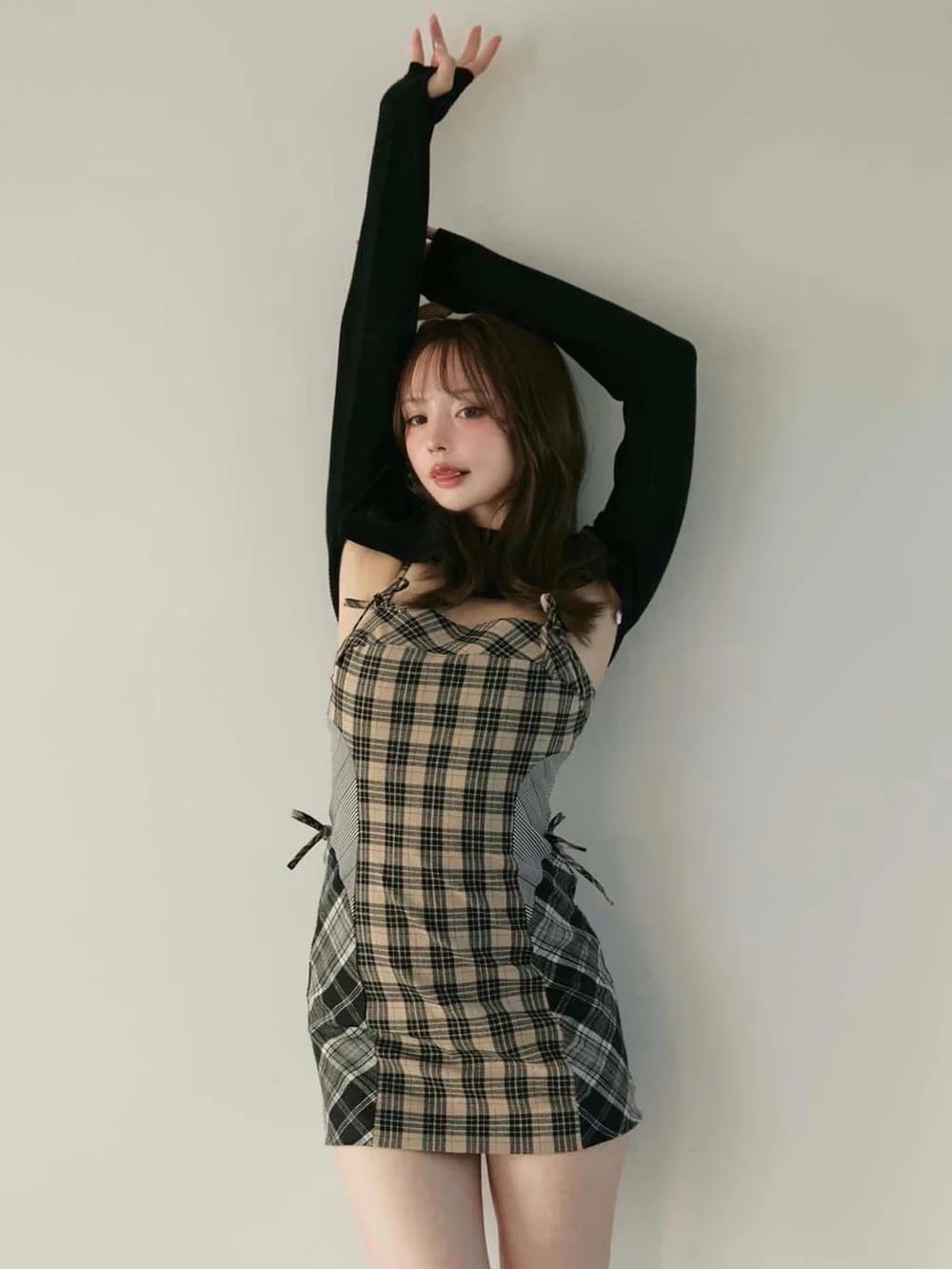 2025春秋 レトロチェック パッチワークワンピース ニットセットアップ ウエストシェイプアップ ヒップホルダー アンティーク風 2点セット