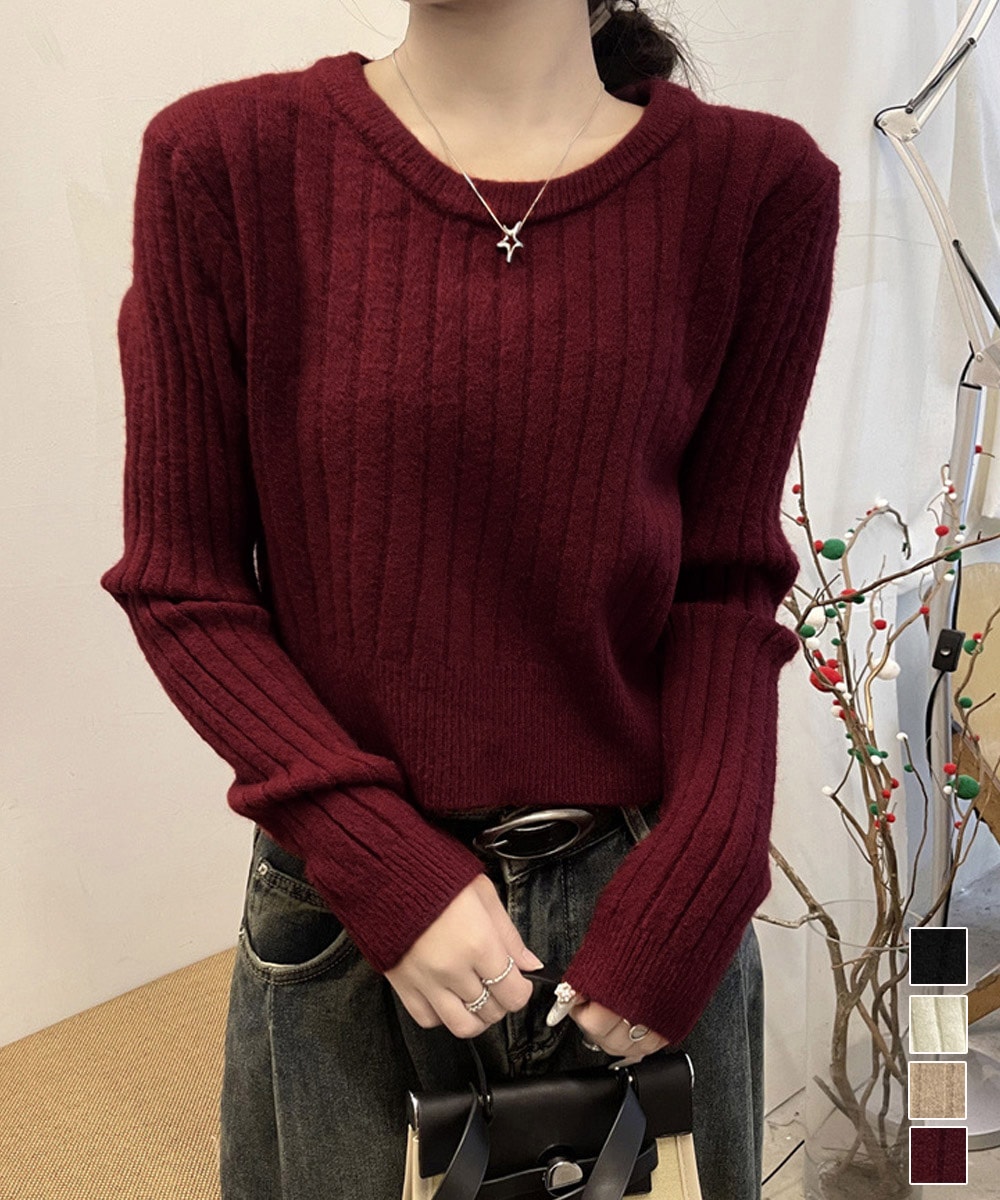 国内即納 リブニット トップス きれいめ 長袖 85YN-900575