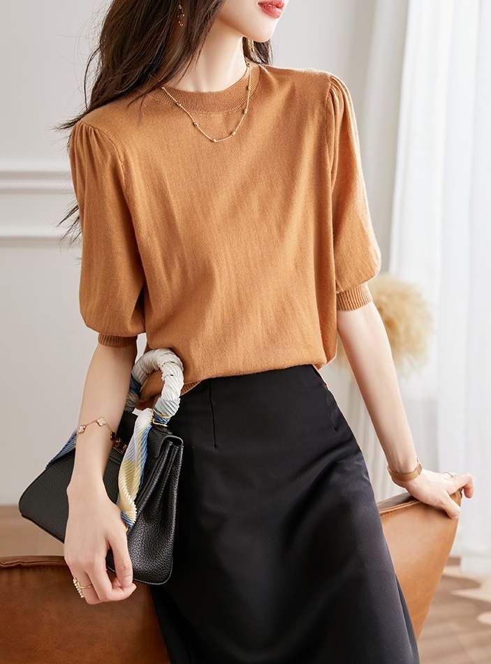 秋 ウールセーター レディース 薄手 秋 ニットウェア 半袖 半袖 Tシャツ 秋 パフスリーブ トップス キャメル ブラウン ピンク ホワイト M L トップス 袖あり かわいい 大人可愛い きれいめ