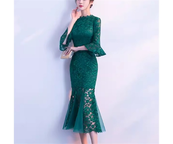 レディース ドレス イブニングドレス パーティードレス ミモレ 7分袖 Uネック タイト スリム 細身 フィッシュテール レース フリル ウエストマーク ファスナー 大人可愛い きれいめ 上品 9,329円