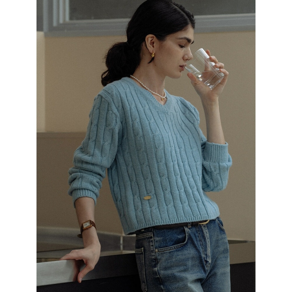TILLIDIE カシミヤ混ケーブルニット スカイブルー