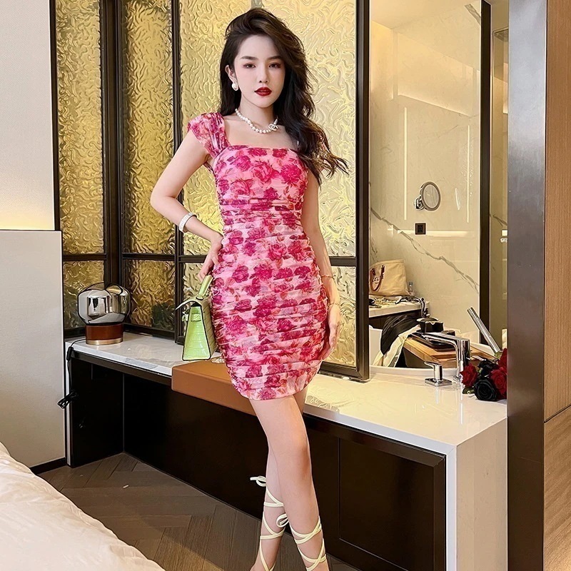 キャミワンピース レトロ スクエアネック パックヒップスカート 夏 プリント ドレス フォーマル パーティードレス 同窓会 結婚式 披露宴 卒業式 演奏会 二次会 発表会30%までに制限