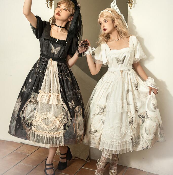 ゴシック ロリータ服 ロング丈 ロリータドレス 半袖 スカラップドレス 蝶柄 バタフライ アイテム ゴスロリ コスプレ衣装 学園祭 文化祭 コスチューム 黒 白