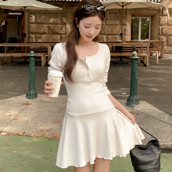 (韓国製)（華奢見えフィット／彼女コーデ）ヘンリーネック リブ シャーリング フレア ミニワンピース op16271