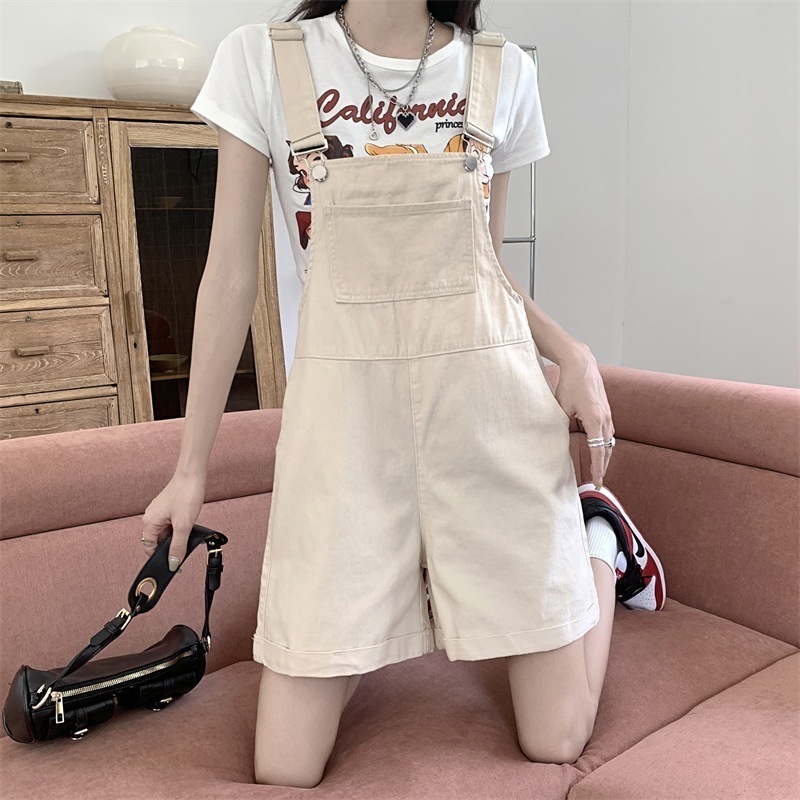 コーデ完成！サロペット レトロエイジングバックパックジーンズ女性夏大きいサイズ緩い細いストレートワイドパンツ小さな単語ショートパンツ 16,889円