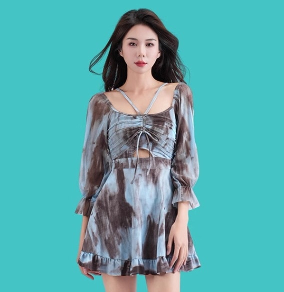 水着 ビキニ スイムウェア レディース 紐 ワンピース 体型カバー オフショル 長袖 リボン シフォン フリル ウエストマーク ハイウエスト シャーリング 大人可愛い きれいめ 大人っぽい お洒落