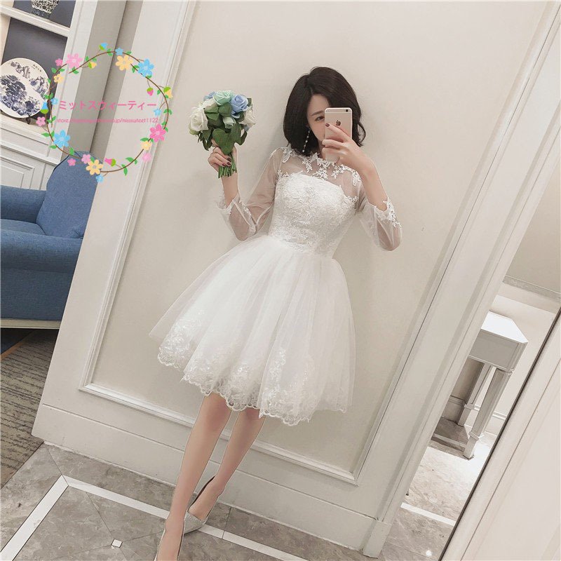 ミニドレス 白 安い ウエディングドレス 長袖 レース 結婚式 ワンピース 発表会 披露宴 花嫁 二次会 パーティードレス ブライダル フォーマル お呼ばれドレス
