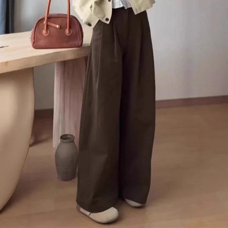 3日出荷 韓国風ブラウンワイドパンツ 秋新作 ハイウエスト ゆったりストレート デニム 体型カバー 春服 レディース