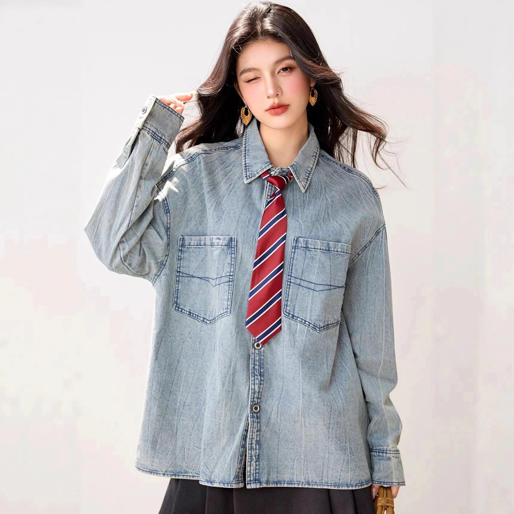 3日出荷 レトロ ウォッシュドデニム ゆったりカジュアル オフィスカジュアル シャツ ブラウス 春服 レディース