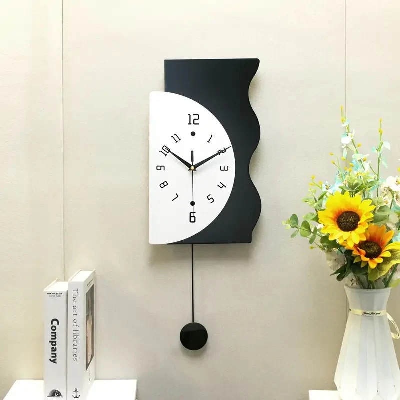 壁掛け時計 モダン 振り子 ブラック お洒落 サイレント ブラック ミニマリスト フェイクウッド シンプル リビング インテリア 寝室 4-7