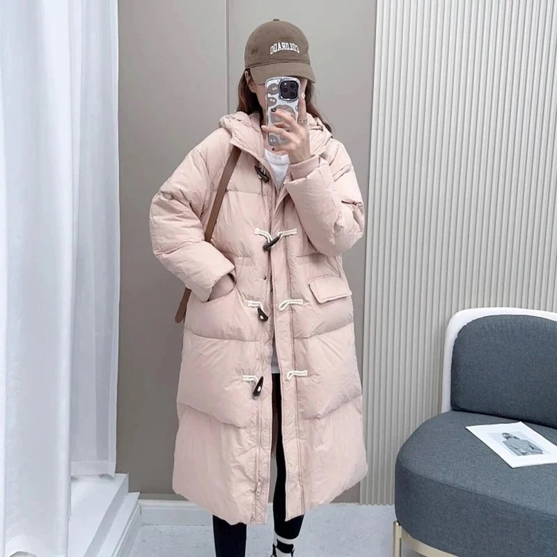 膝上ダウンジャケット レディース ミドル丈 2024年新作 韓国版 ゆったり 厚みのある フード付き ホワイトダックダウン 冬コート トレンド
