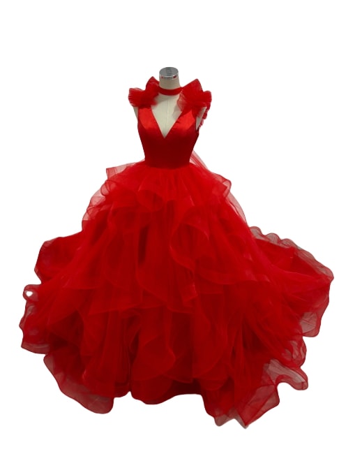 美品！カラードレス 赤 Vネックドレス 柔らかく重ねたチュールスカート ロングトレーン 前撮り