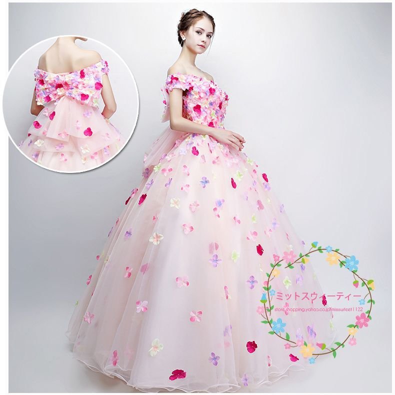 カラードレス コンサート オフショルダー フラワー パーティードレス 演奏会 結婚式 イブニングドレ