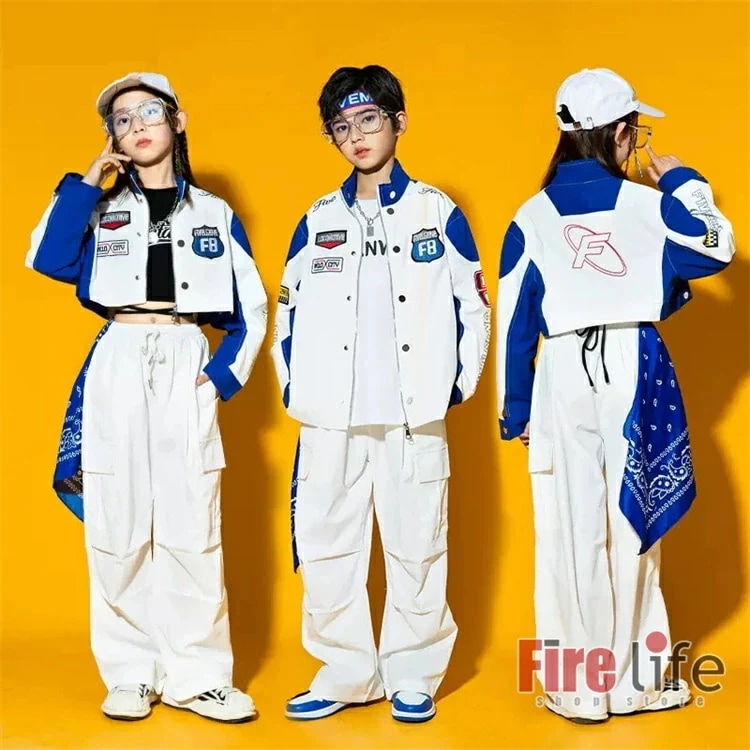 キッズ ダンス衣装 ヒップホップ 白青 ジャケット ホワイト カーゴパンツ セットアップ ダンスウェア 男の子 女の子 長袖 韓国 派手 運動着 ダンス発表会 ジャージ ステージ衣装 jazz 120