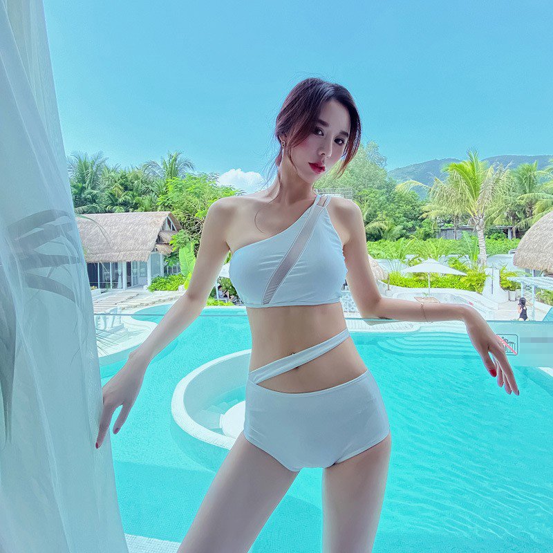 水着 2023年 新作 ビキニ ハイウエスト 無地 ワンショルダー 韓国風 ボクサーパンツ 海 バケーション ブラック ホワイト シンプル 可愛い 韓国 プール 海 白 黒 バレンタイン 2023 プ