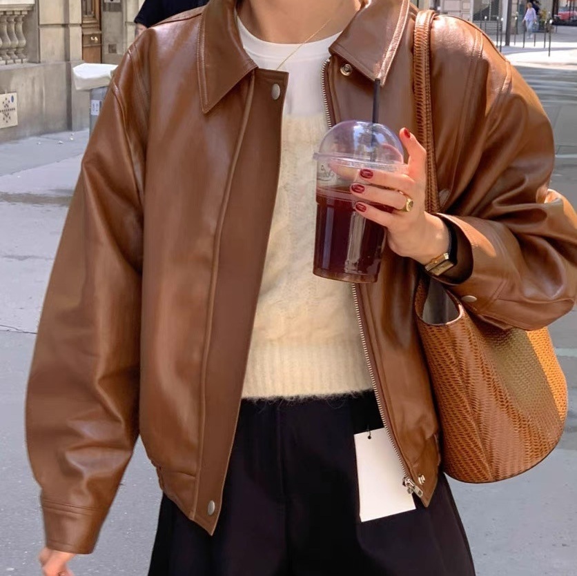 レザージャケット フェイクレザー ジャケット ブラウン 茶色 茶 黒 ブラック 韓国 オルチャン レディース ショート丈 高見えジャケット 高見え クールジャケット 長袖ジャケット