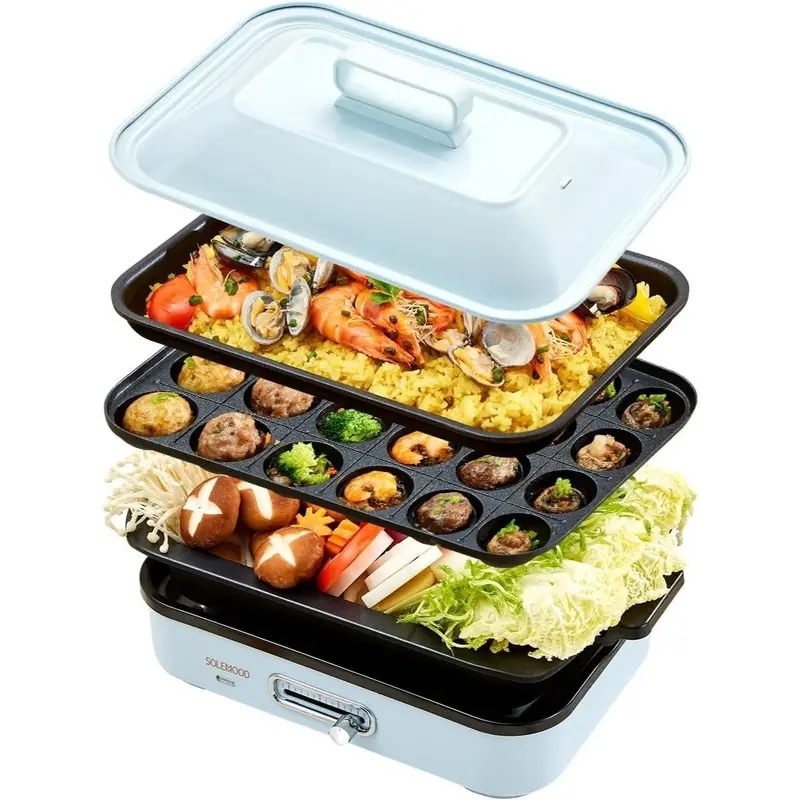 SOLEMOODホットプレート 国内発送 電気 ホットプレート3枚 プレート3種(平面・たこ焼き・鍋) プレート鍋 コンパクト ミニ 焼肉 グリル鍋 一人用 丸洗い 電気プレート お好み焼き き プ