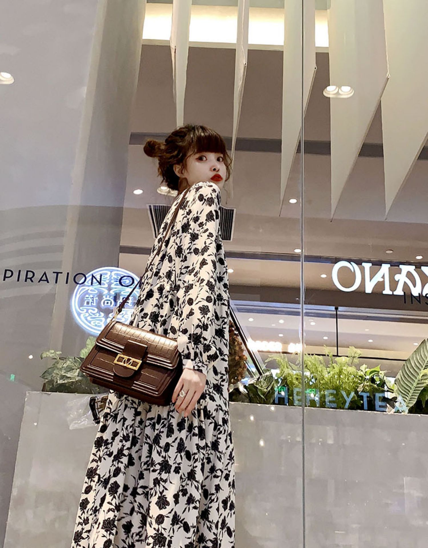 お待たせ シフォンワンピース ロング丈 Vネック 長袖 パフスリーブ フローラルプリント 花柄 長袖ロング マキシ丈ワンピ サイズ Xl Www Conavsa Com